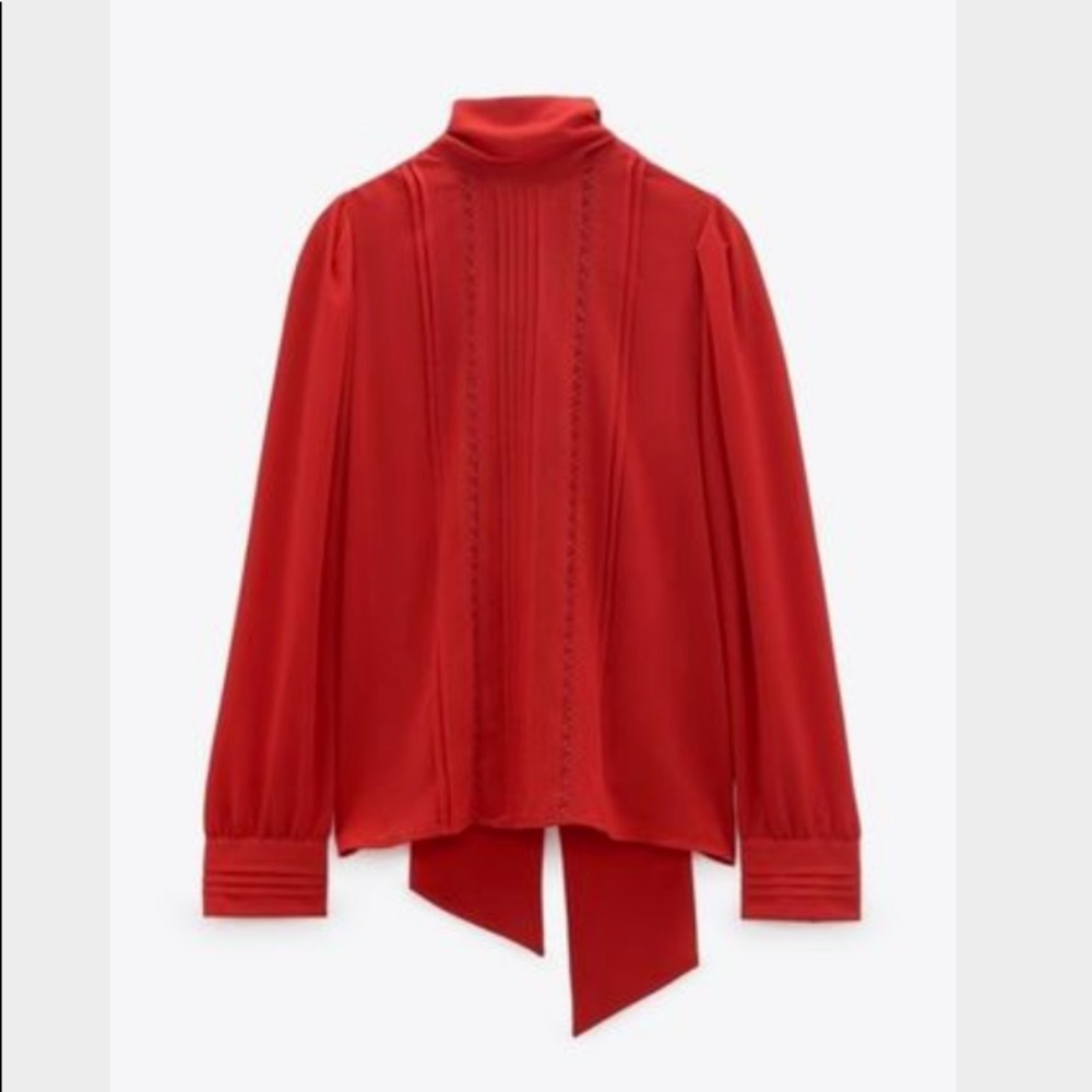 🎊 ZARA Beautiful Red blouse with tie neck, long sleeve and buttoned cuffs 🎊